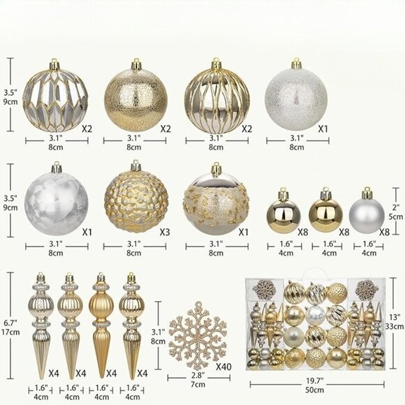 Christmas Tree Shatterproof Gold & Silver 92 Piece Ornament Decoration Set - Picture 5 of 6